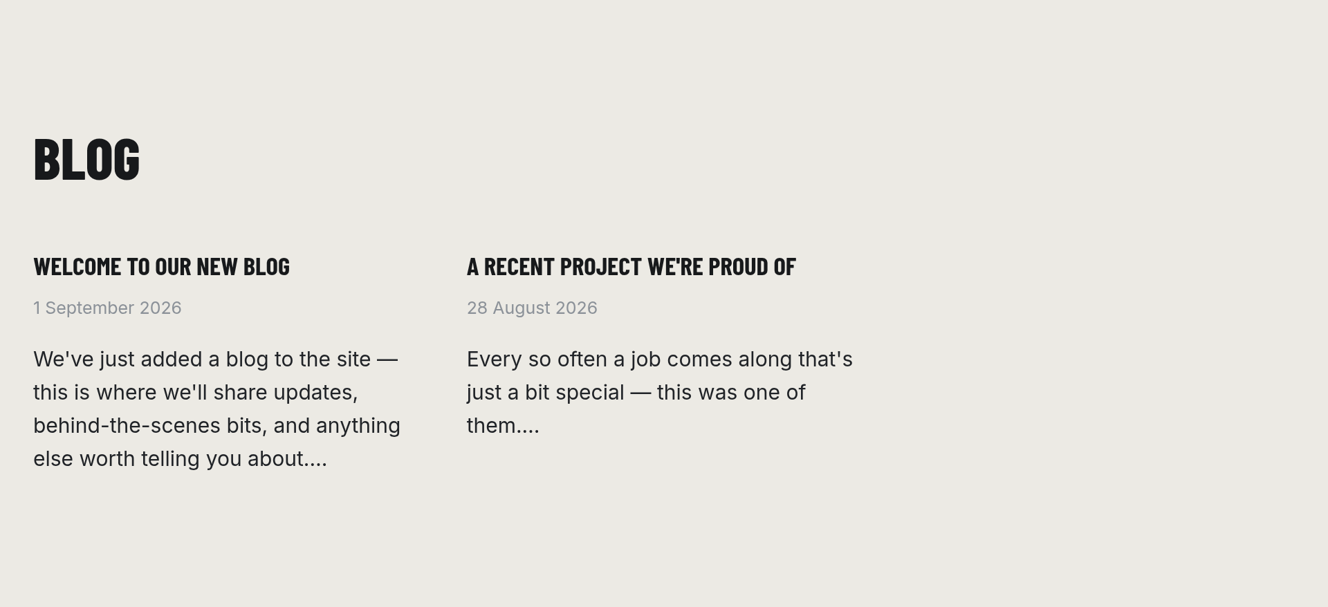 Example blog listing with two posts, each showing a title, date and excerpt