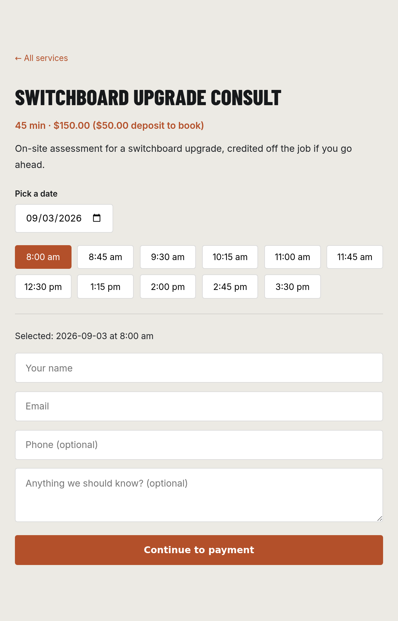 Example booking page with a date picker, a row of available times, and a booking form