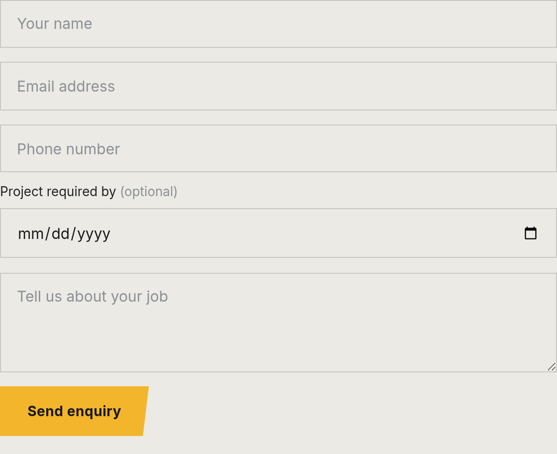 Example enquiry form with name, email, phone, date and message fields, and a Send Enquiry button