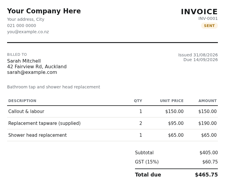 Example invoice with line items, GST and a total due, ready to send a customer