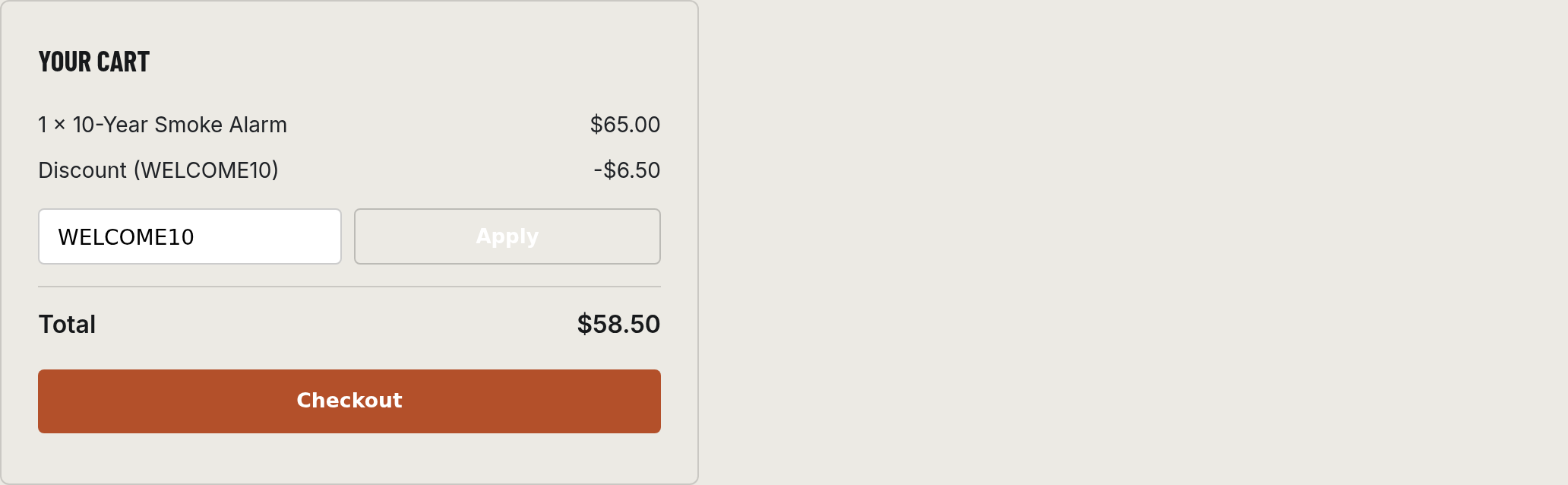 Example cart with a promo code applied, showing the discount and the new total