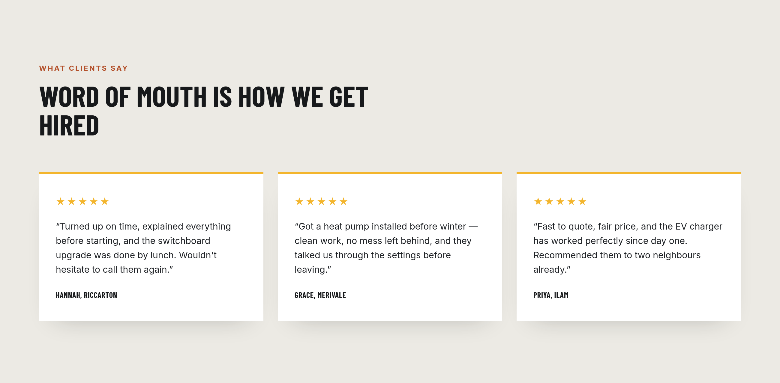 Example reviews section with a heading and three five-star customer testimonials