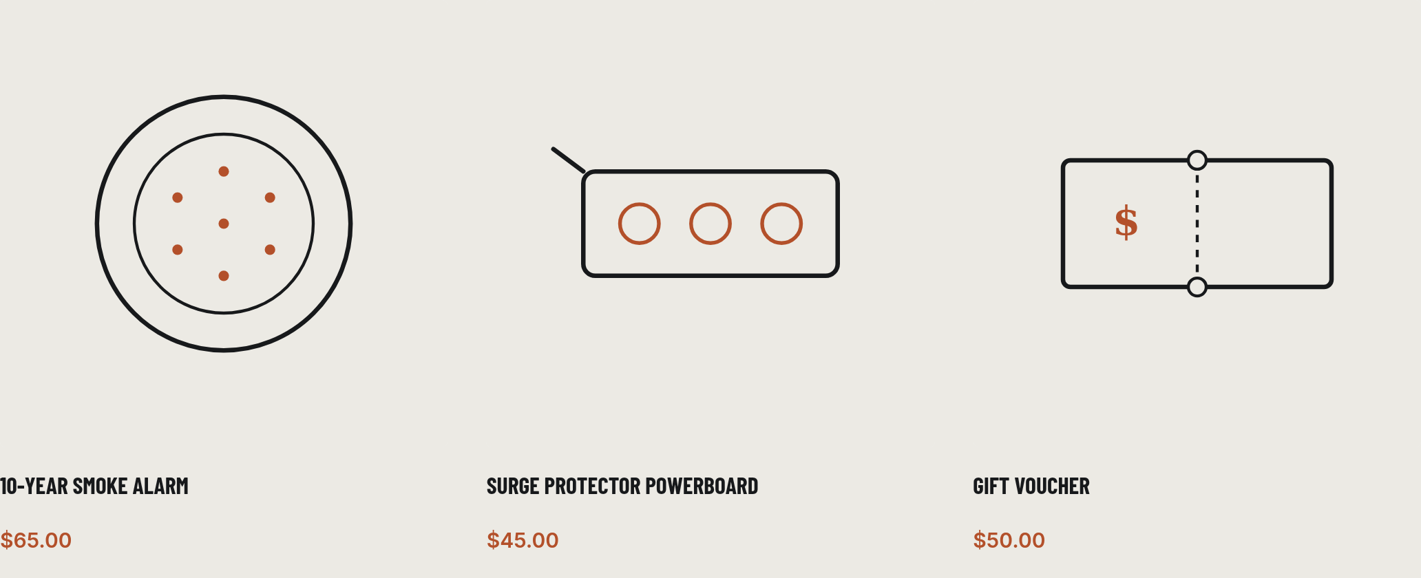 Example shop grid with three products, each showing an icon, name and price